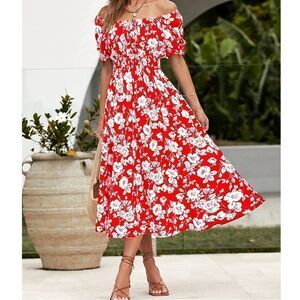 Red & White Floral Smocked Midi Dress Small